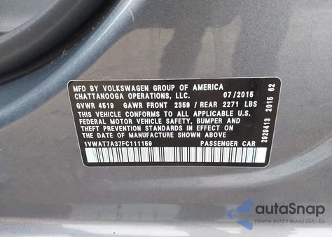 2015 Volkswagen Passat 1.8T Limited Edition z USA, uszkodzony, nr VIN 1VWAT7A37FC111159